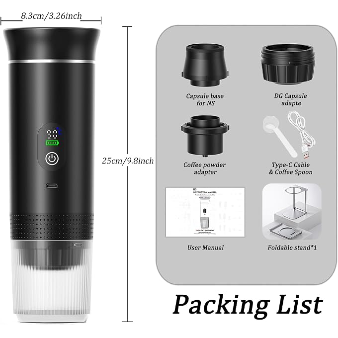 Portable Espresso Maker and Metal Stand Set, Self-Heating Travel Coffee Machine, Rechargeable Coffee Maker with Digital Display, 3-in-1 for Ground Coffee & Capsules, Camping RV Office - Image 2
