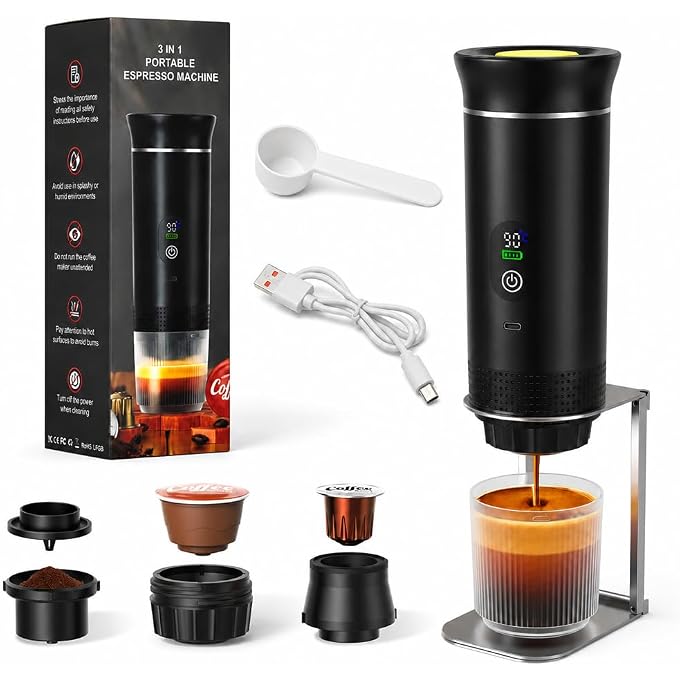 Portable Espresso Maker and Metal Stand Set, Self-Heating Travel Coffee Machine, Rechargeable Coffee Maker with Digital Display, 3-in-1 for Ground Coffee & Capsules, Camping RV Office - Image 1