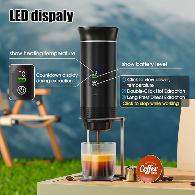 Portable Espresso Maker and Metal Stand Set, Self-Heating Travel Coffee Machine, Rechargeable Coffee Maker with Digital Display, 3-in-1 for Ground Coffee & Capsules, Camping RV Office - Image 3