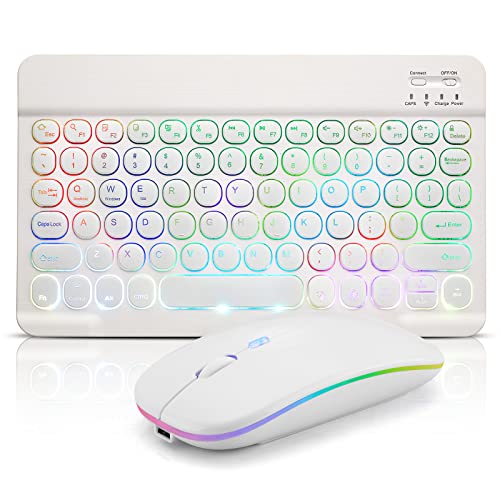 Guiheng Ultra-Slim Lightweight Bluetooth Keyboard and Mouse Portable Mini Wireless Keyboard Rechargeable 7-Color Backlit for Apple iPad iPhone,Tablet iPhone Smartphone iOS Android Windows,Round Keys White - Image 1