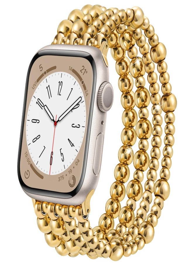 أساور AIRSPO من الخرز الذهبي متوافقة مع سوار ساعة Apple Watch 38 مم 40 مم 41 مم 42 مم 44 مم 45 مم للنساء، أساور ساعة iPhone أنيقة مصنوعة يدويًا بحزام مرن لسلسلة iWatch SE 8 7 6 5 4 3 2 1 (خرز ذهبي، 38 مم/40 مم/41 مم-S(5.3"-6.2") - Image 1