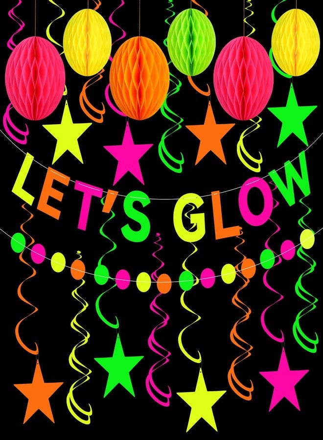 Maniaacer Neon Party Supplies includes Let's Glow Banner Star Hanging Swirls Circle Dot Garland Glow in The Dark Party Hanging Decorations for Birthday Black Light Party Decorations - Image 1