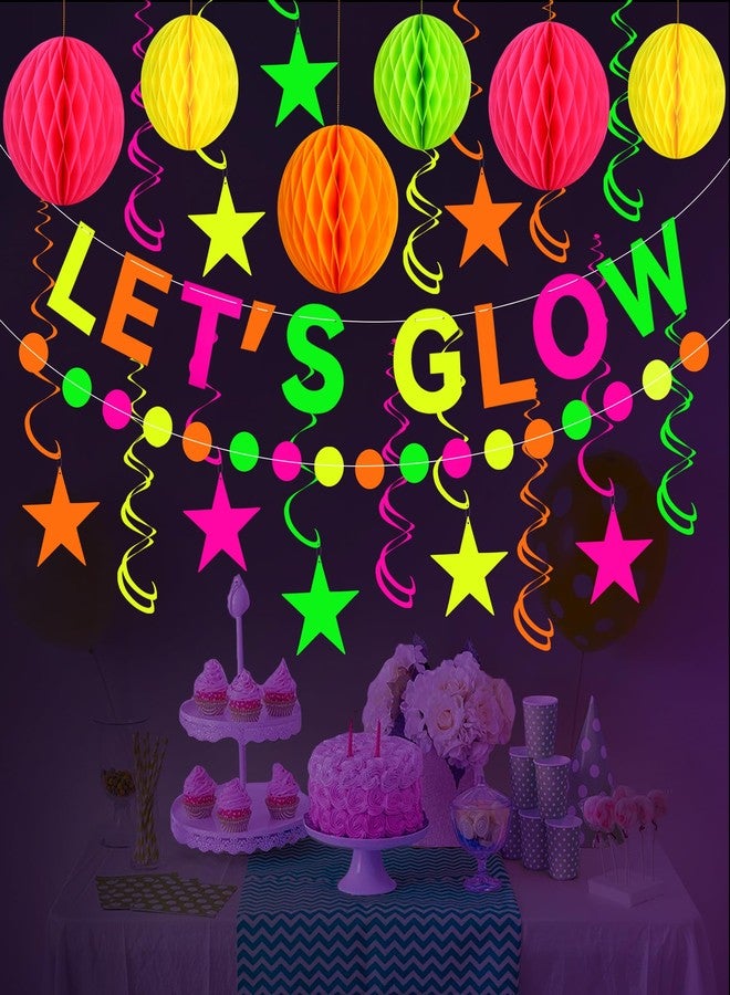 Maniaacer Neon Party Supplies includes Let's Glow Banner Star Hanging Swirls Circle Dot Garland Glow in The Dark Party Hanging Decorations for Birthday Black Light Party Decorations - Image 5