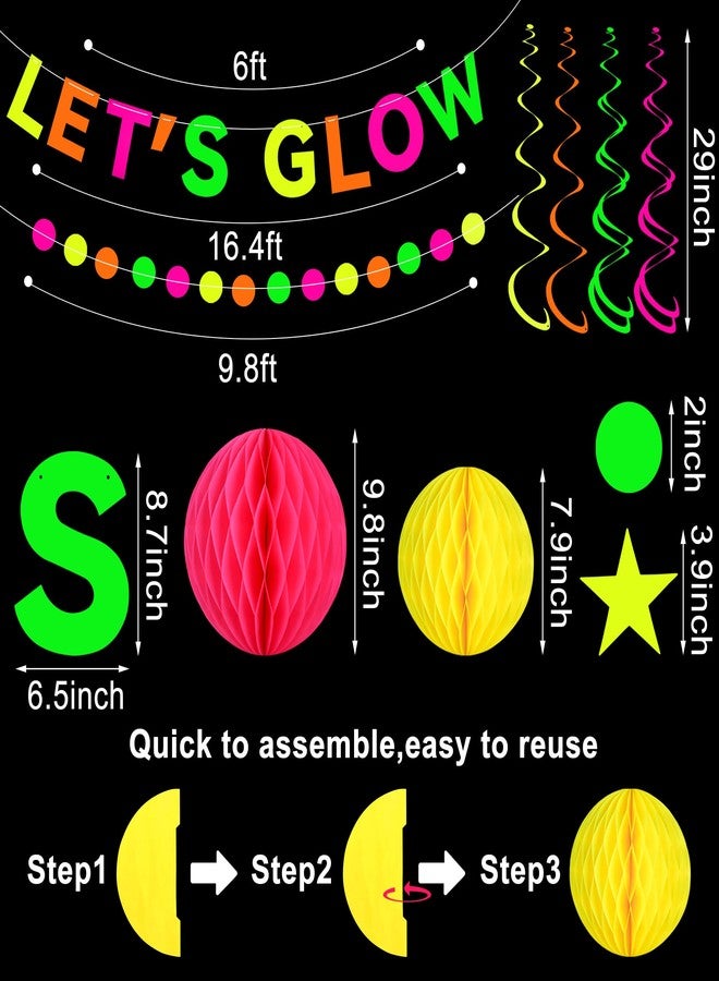 Maniaacer Neon Party Supplies includes Let's Glow Banner Star Hanging Swirls Circle Dot Garland Glow in The Dark Party Hanging Decorations for Birthday Black Light Party Decorations - Image 2