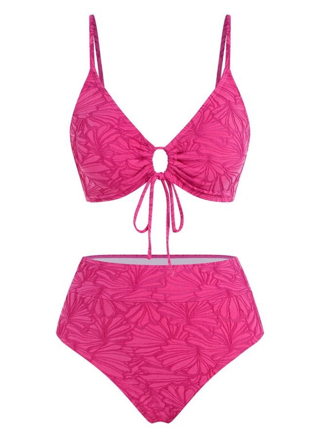ZAFUL Bikini Sets for Women String 2 Piece Swimsuits High Waisted Bathing Suit V Neck Cut Out Swimwear, Fuchsia Red, L - Image 4
