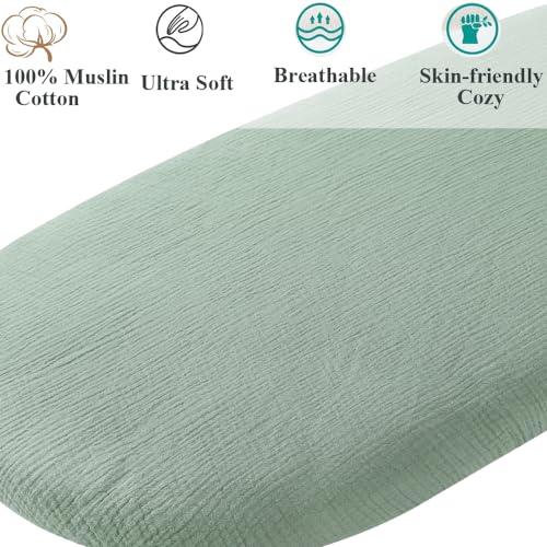 Fadacudan Muslin Bassinet Sheet Compatible with Maxi-COSI Iora,Swift Lightweight Portable Bassinet, AMKE Baby Bassinets, 2 Pack Cotton Stylish Boho Fitted Bassinet Sheets for Baby Roman Green & Botanical Leaf - Image 3
