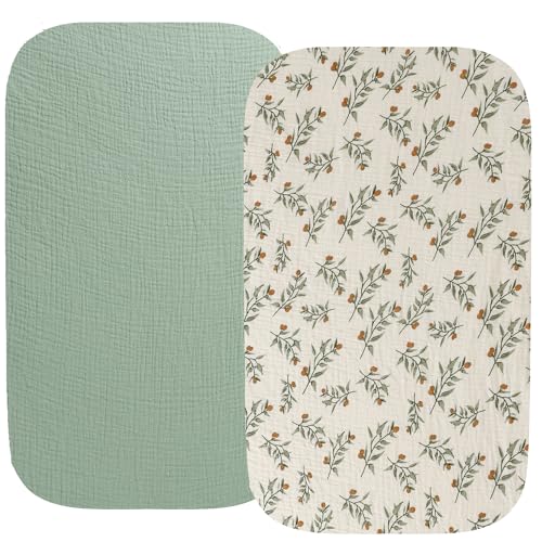 Fadacudan Muslin Bassinet Sheet Compatible with Maxi-COSI Iora,Swift Lightweight Portable Bassinet, AMKE Baby Bassinets, 2 Pack Cotton Stylish Boho Fitted Bassinet Sheets for Baby Roman Green & Botanical Leaf - Image 1