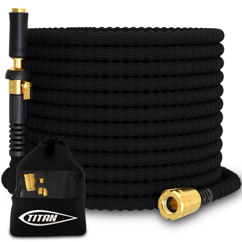TITAN Flexible Garden Hose 100FT â€“ Ultra Lightweight, Heavy Duty Water Hose with Brass Fittings & Jet Nozzle â€“ Kink-Free, Non-Expanding, Durable Fabric Hose for Yard, Lawn, Car Wash, Outdoor Use - Image 1