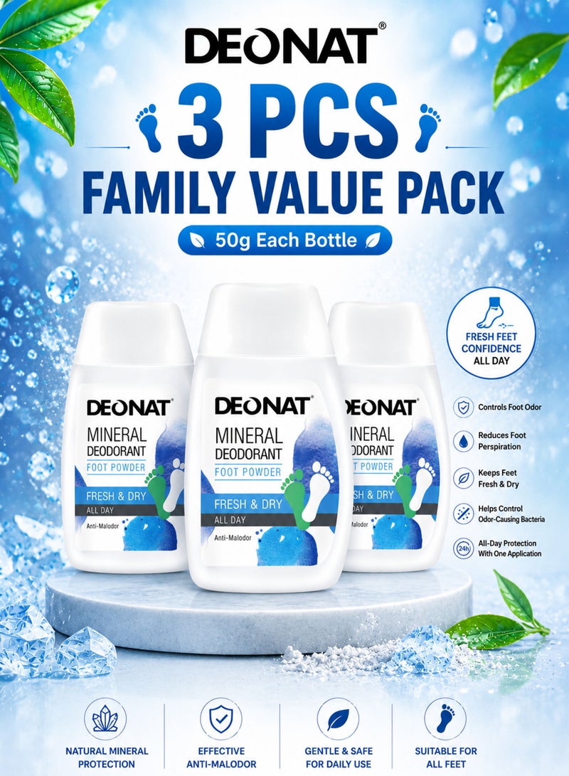 DEONAT Pack of 3 DEONAT Mineral Deodorant Foot Powder 50g Each Family Value Pack Anti-Malodor Foot Powder Helps Control Odor Causing Bacteria Reduce Foot Perspiration Keep Feet Fresh Dry and Comfortable All Day - Image 1