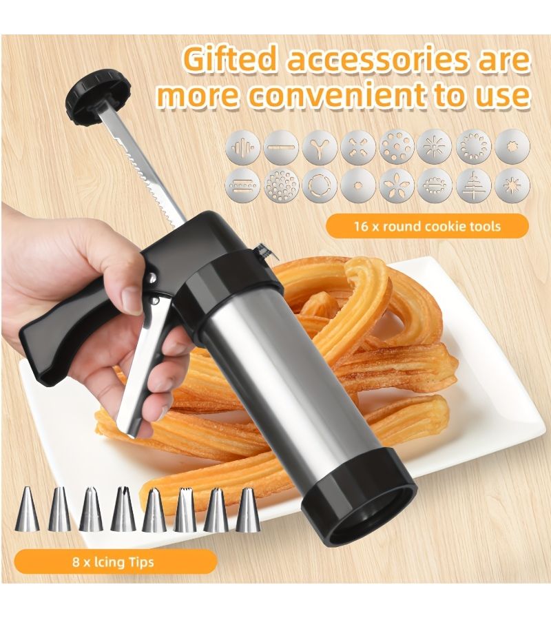 Spanish Churro Maker 3 Pieces Churrin Fruit Machine Stainless Steel Easy To Use And Clean Includes Free Cleaning Brush - Image 2