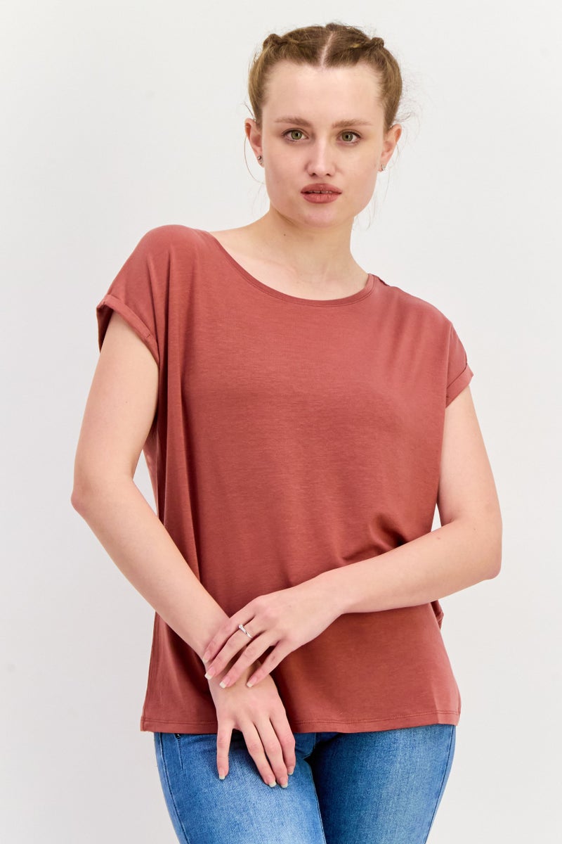 VERO MODA Aware By Vero Moda Women Crew Neck Short Sleeves Solid Top, Brown - Image 1