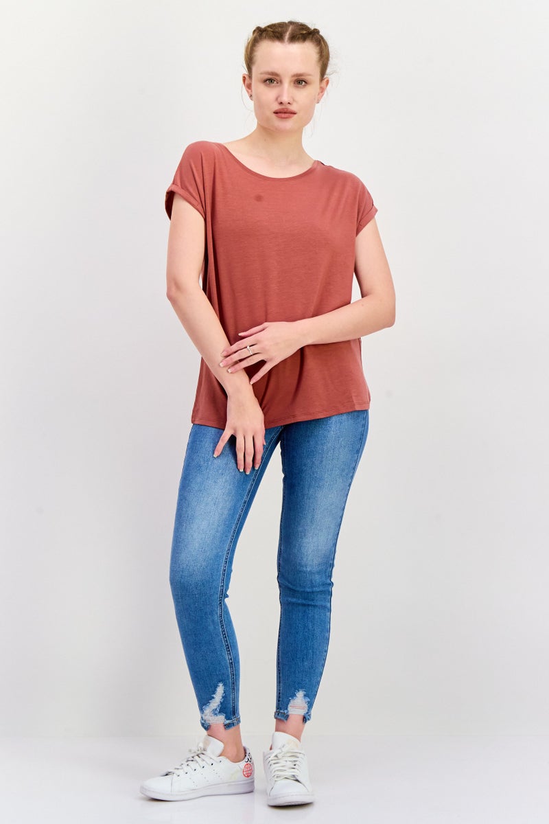 VERO MODA Aware By Vero Moda Women Crew Neck Short Sleeves Solid Top, Brown - Image 4