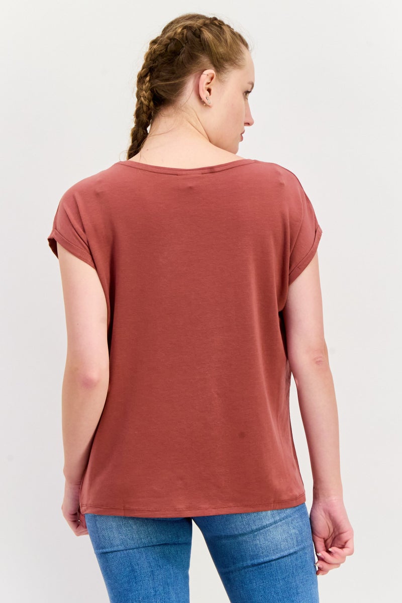 VERO MODA Aware By Vero Moda Women Crew Neck Short Sleeves Solid Top, Brown - Image 3