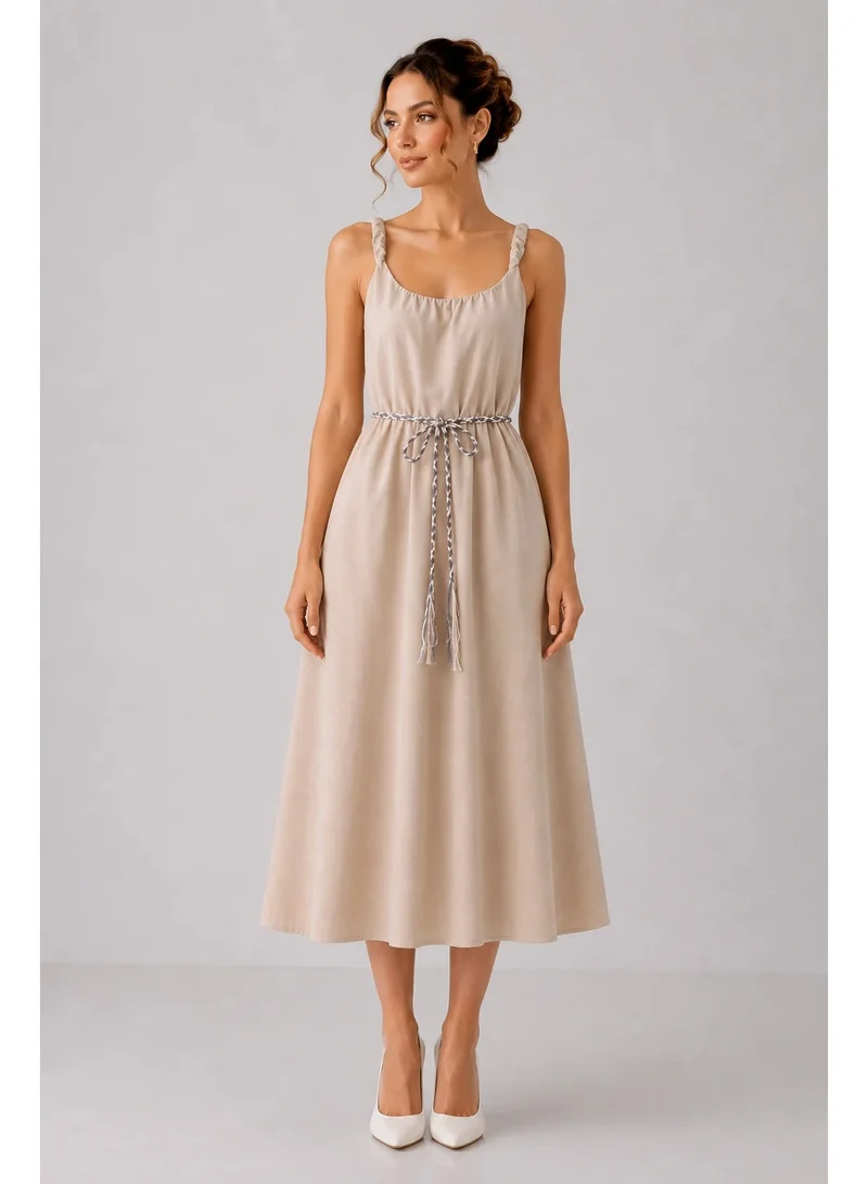2Trendy Women's Beige Midi Dress with Braided Straps and Rope Tie Belt