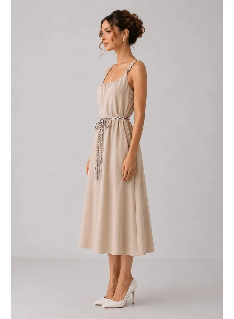 2Trendy Women's Beige Midi Dress with Braided Straps and Rope Tie Belt