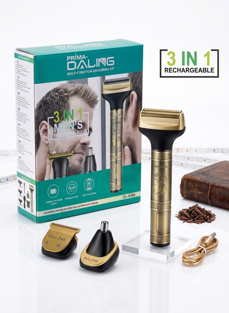 Daling DL-9266 3-in-1 Rechargeable Multi-Function Grooming Kit for Men - Gold - Image 1