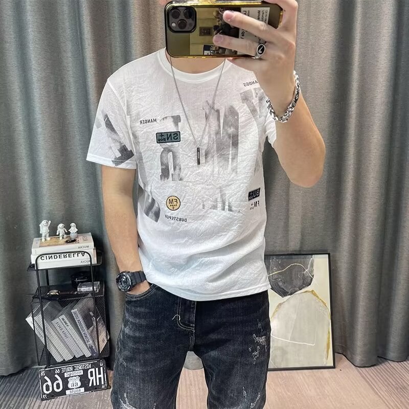 Trendy Brand Round Neck Short-Sleeved T-Shirt Men'S Printed Ice Silk T-Shirt Summer Men'S Fashion Casual Half-Sleeved Top Trendy - Image 1