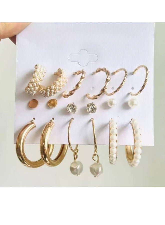 Onchic 9 Pairs of gold color  fashion Pearl Stud Earring set For Women Hypoallergenic Embellishment small big Hoop earrings pack for Ladie's Wedding party Jewelry gift - Image 4
