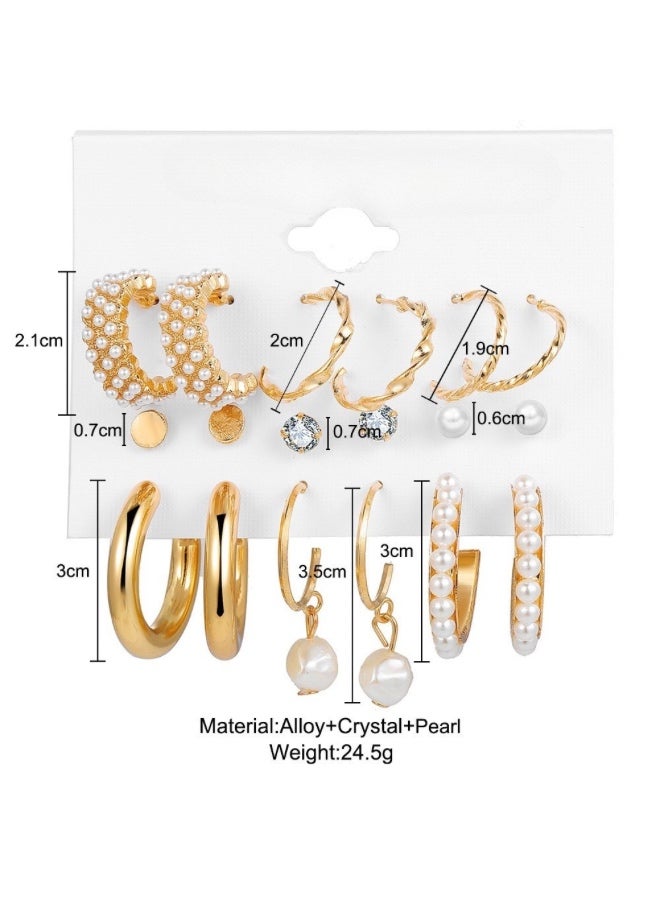 Onchic 9 Pairs of gold color  fashion Pearl Stud Earring set For Women Hypoallergenic Embellishment small big Hoop earrings pack for Ladie's Wedding party Jewelry gift - Image 5