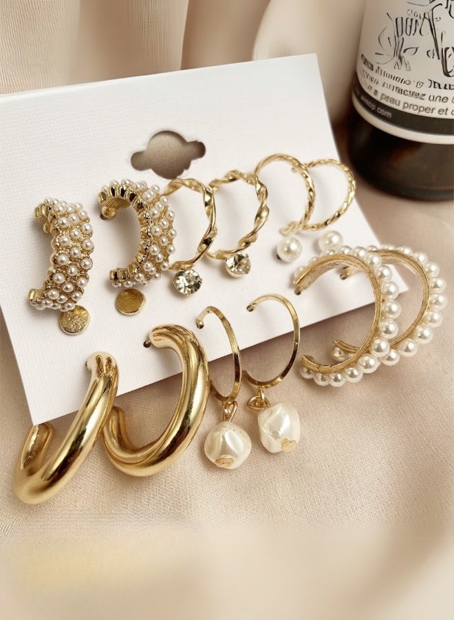 Onchic 9 Pairs of gold color  fashion Pearl Stud Earring set For Women Hypoallergenic Embellishment small big Hoop earrings pack for Ladie's Wedding party Jewelry gift - Image 2