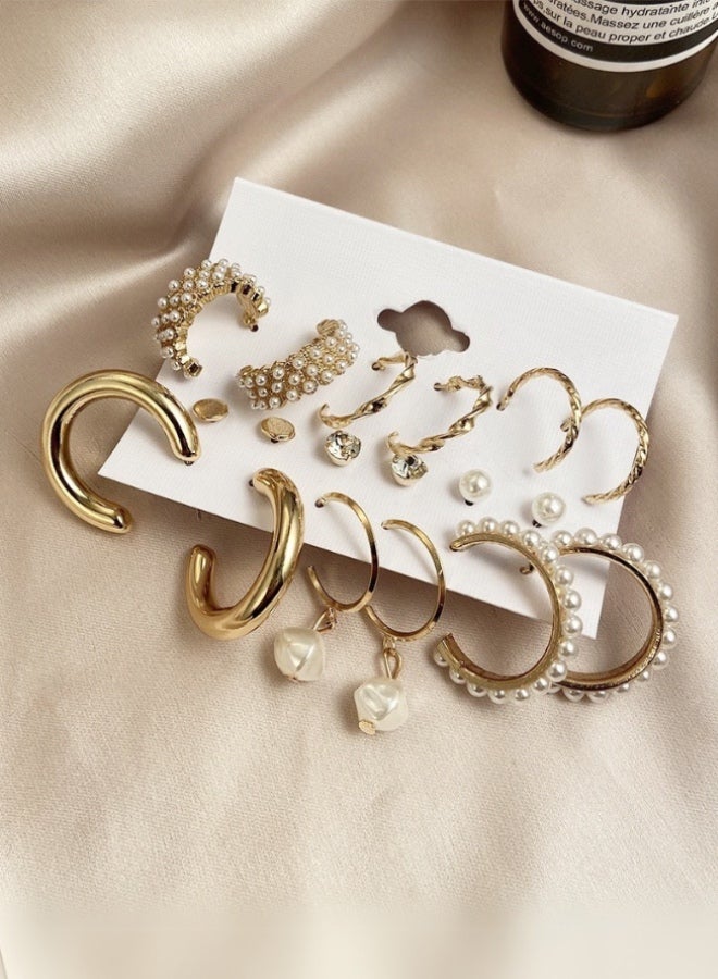 Onchic 9 Pairs of gold color  fashion Pearl Stud Earring set For Women Hypoallergenic Embellishment small big Hoop earrings pack for Ladie's Wedding party Jewelry gift - Image 3