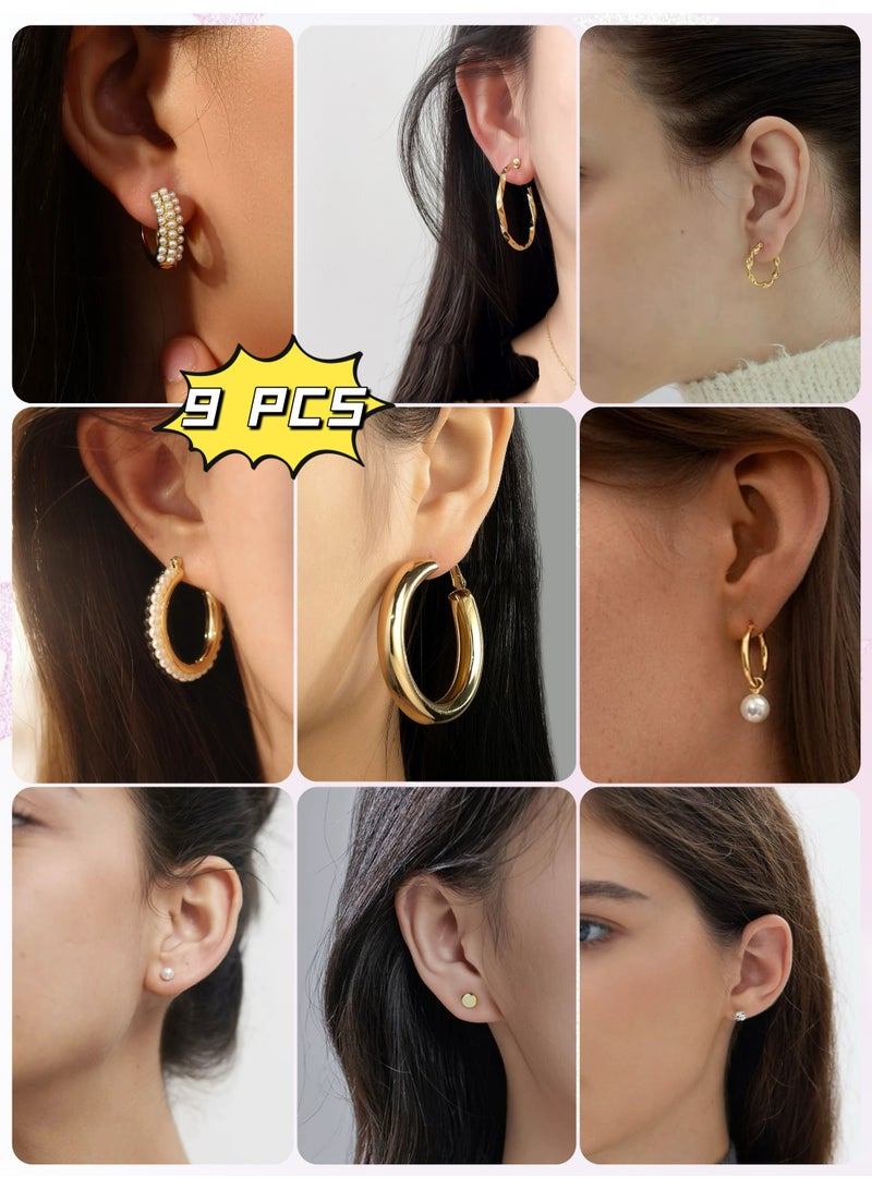 Onchic 9 Pairs of gold color  fashion Pearl Stud Earring set For Women Hypoallergenic Embellishment small big Hoop earrings pack for Ladie's Wedding party Jewelry gift - Image 1