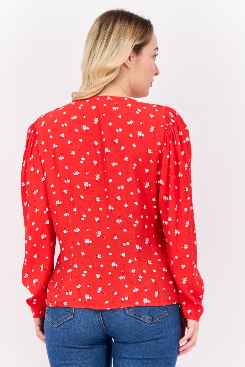 MANGO Women Surplice Neck Long Sleeves Floral Pattern Blouse, Red - Image 3