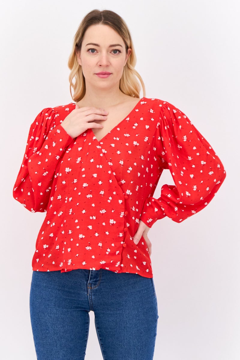 MANGO Women Surplice Neck Long Sleeves Floral Pattern Blouse, Red - Image 1