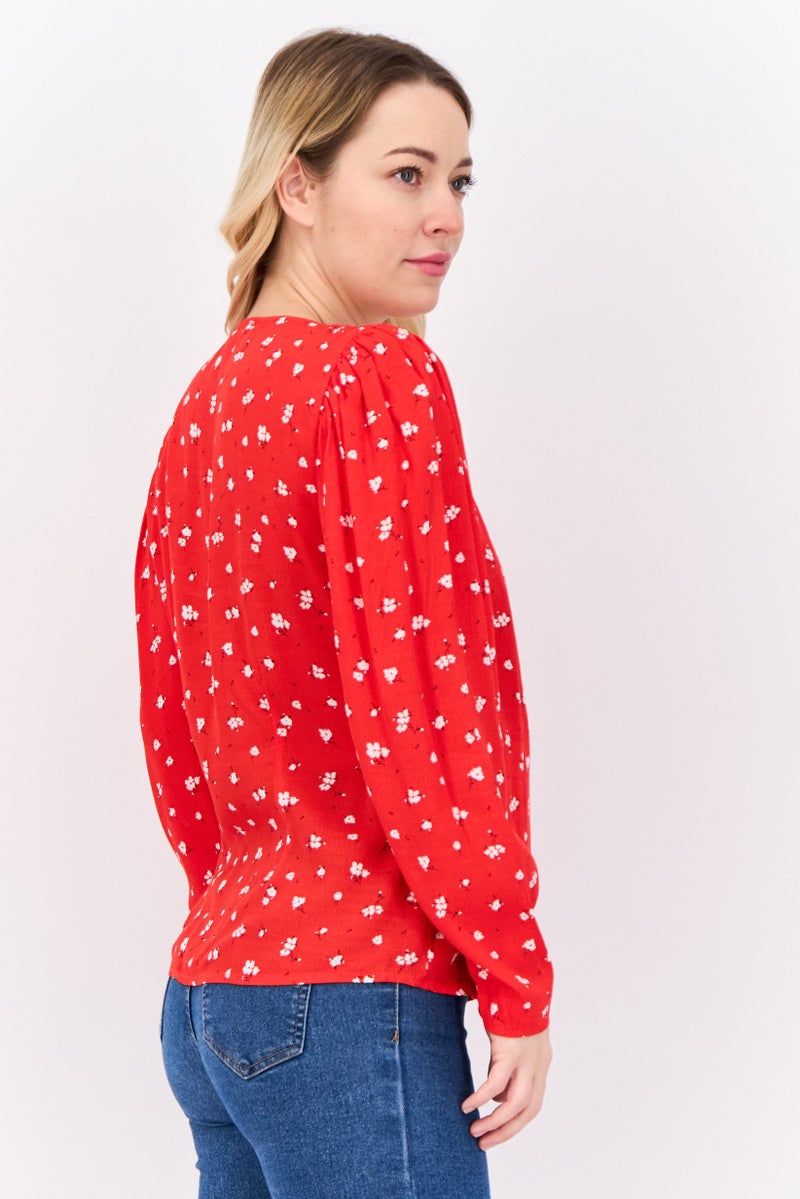 MANGO Women Surplice Neck Long Sleeves Floral Pattern Blouse, Red - Image 2