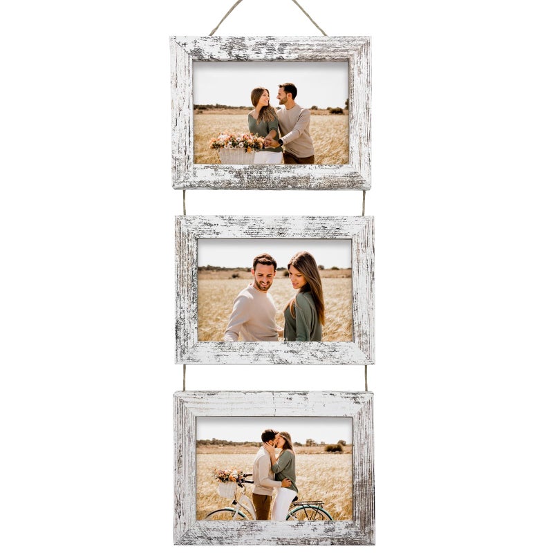 Rexllon 5x7 Wall Hanging Picture Frames Collage with 3 Opening Distressed White Frames - Image 1