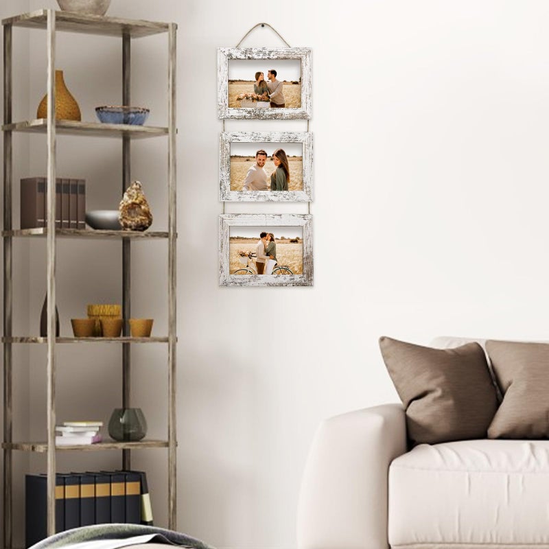 Rexllon 5x7 Wall Hanging Picture Frames Collage with 3 Opening Distressed White Frames - Image 4