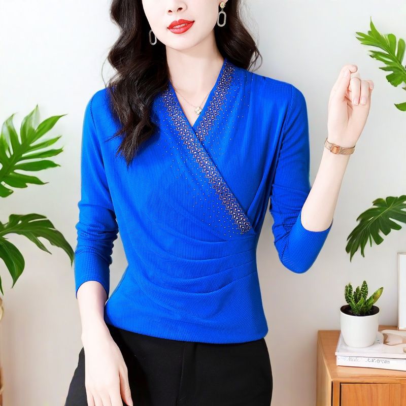 عالية الجودة الصليب V-Neck الشبكة الطبقة الداخلية قميص، عالية الجودة بطن تغطية أعلى، جديد الربيع والخريف الموضة الراينست تي شيرت - Image 2