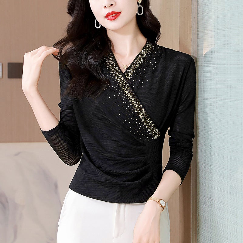 عالية الجودة الصليب V-Neck الشبكة الطبقة الداخلية قميص، عالية الجودة بطن تغطية أعلى، جديد الربيع والخريف الموضة الراينست تي شيرت - Image 4
