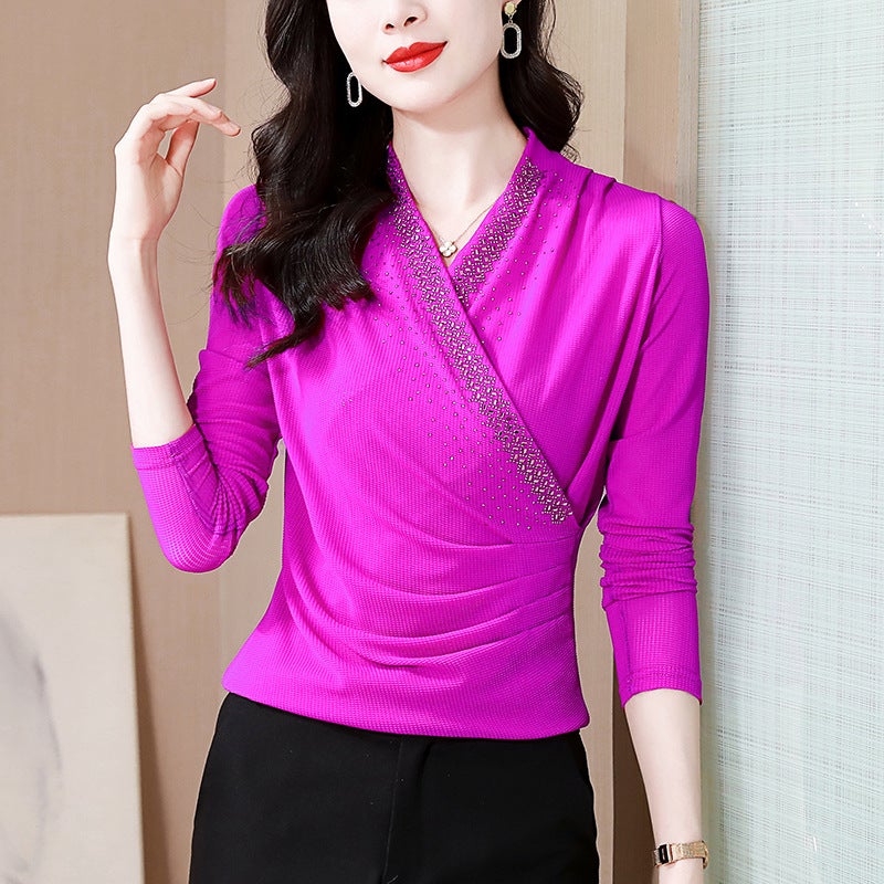 عالية الجودة الصليب V-Neck الشبكة الطبقة الداخلية قميص، عالية الجودة بطن تغطية أعلى، جديد الربيع والخريف الموضة الراينست تي شيرت - Image 3