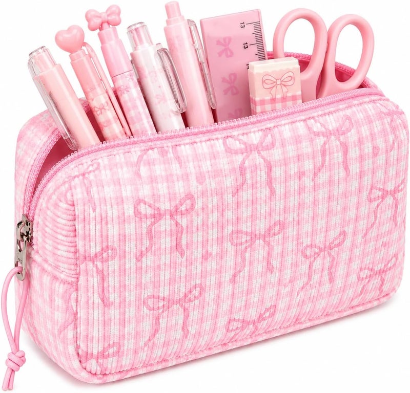 LEDAOU Cute Pencil Case for Kids Girls Boys Pencil Pouch kawaii Pen Pencil Box Bag Holder for School Students (Corduroy Pink Bow Checkered) - Image 1