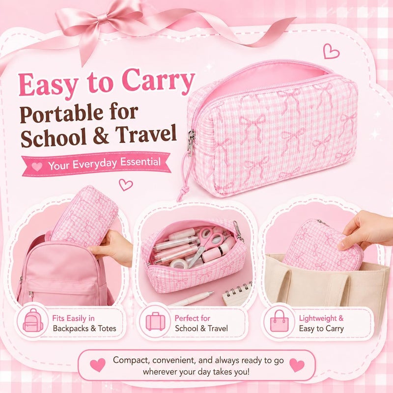 LEDAOU Cute Pencil Case for Kids Girls Boys Pencil Pouch kawaii Pen Pencil Box Bag Holder for School Students (Corduroy Pink Bow Checkered) - Image 4