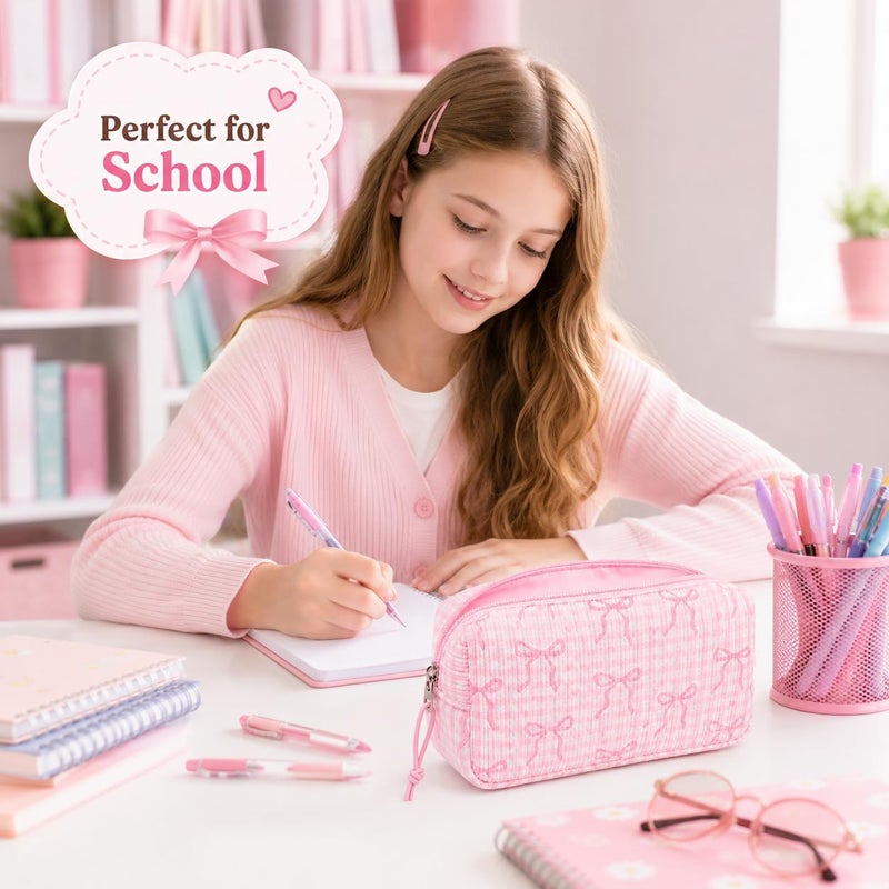 LEDAOU Cute Pencil Case for Kids Girls Boys Pencil Pouch kawaii Pen Pencil Box Bag Holder for School Students (Corduroy Pink Bow Checkered) - Image 2