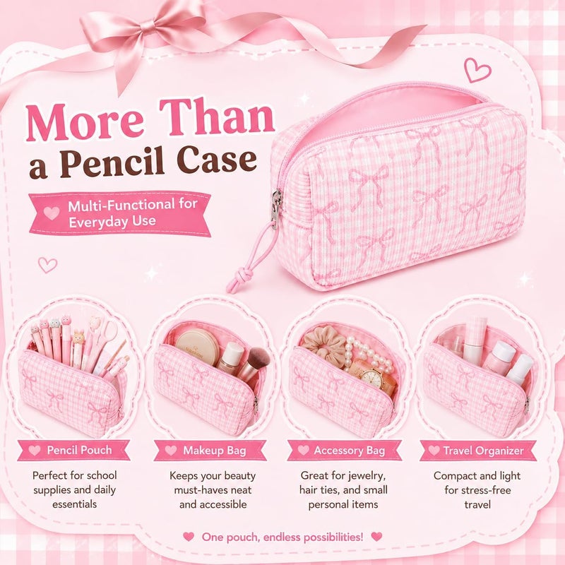 LEDAOU Cute Pencil Case for Kids Girls Boys Pencil Pouch kawaii Pen Pencil Box Bag Holder for School Students (Corduroy Pink Bow Checkered) - Image 5