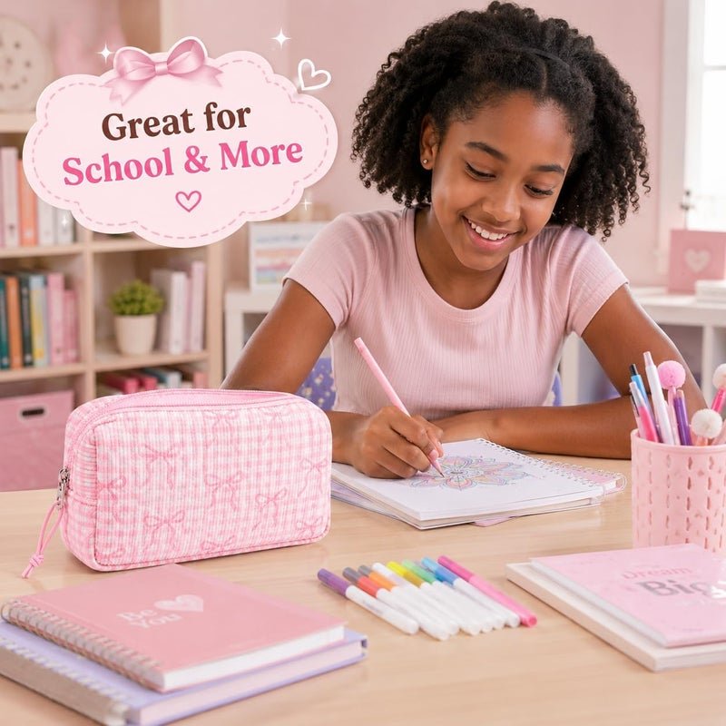 LEDAOU Cute Pencil Case for Kids Girls Boys Pencil Pouch kawaii Pen Pencil Box Bag Holder for School Students (Corduroy Pink Bow Checkered) - Image 3