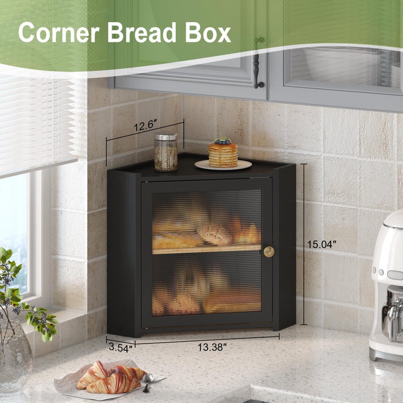JANSNIMEN Corner Bread Box for Kitchen Countertop, Large Bread Container Storage Vintage Wooden Farmhouse Bread Box with Window for Homemade Bread Holder (Black) - Image 2