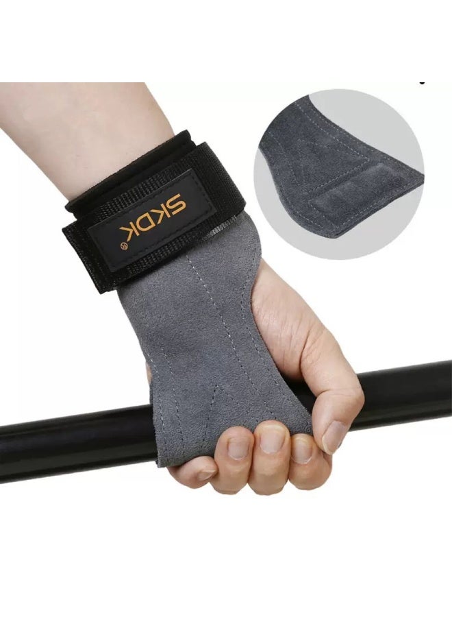 AOLIKES Weight Lifting Gym Gloves Hand Protector Grips Hooks Workout Straps Leather Palm Leather Padded Wrist Wraps Deadlifts（grey） - Image 2