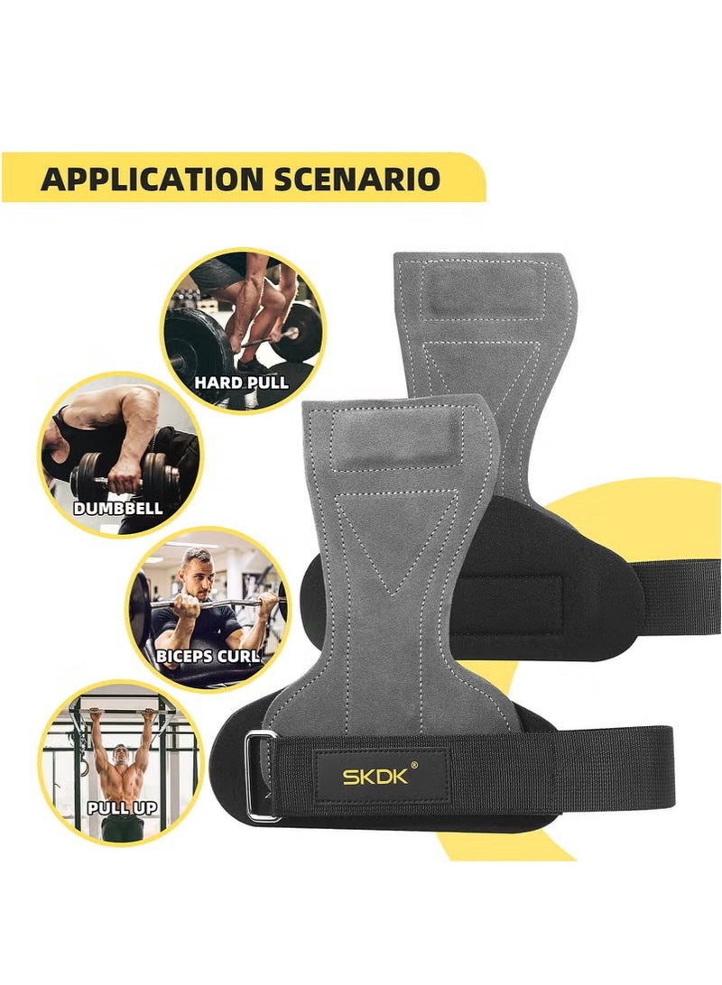 AOLIKES Weight Lifting Gym Gloves Hand Protector Grips Hooks Workout Straps Leather Palm Leather Padded Wrist Wraps Deadlifts（grey） - Image 4