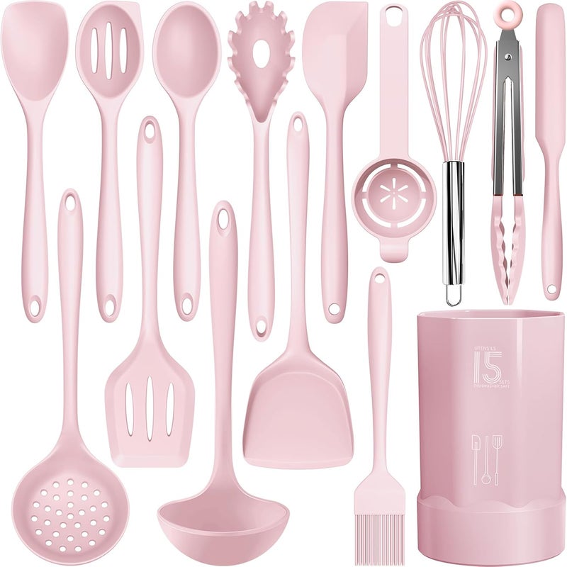AOTHOD Silicone Cooking Utensils Set - 446°F Heat Resistant Kitchen Utensils,Turner Tongs,Spatula,Spoon,Brush,Whisk,Kitchen Utensil Gadgets Tools Set for Nonstick Cookware,Dishwasher Safe BPA Free(Pink) - Image 1