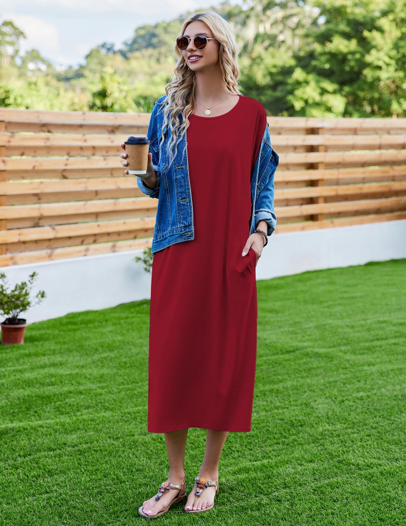 Ekouaer Womens V-Neck Cotton Nightgown Oversized Loose Fit Long Sleep Dress Purplish Red XX-Large - Image 4