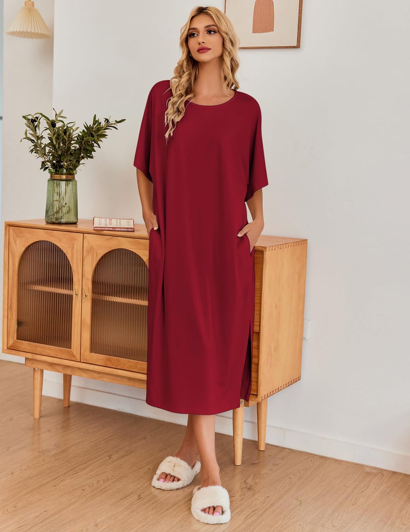 Ekouaer Womens V-Neck Cotton Nightgown Oversized Loose Fit Long Sleep Dress Purplish Red XX-Large - Image 2