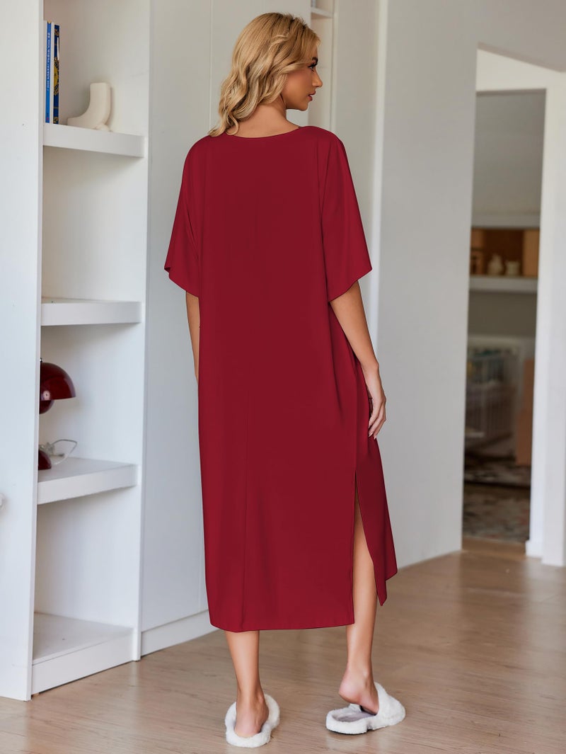 Ekouaer Womens V-Neck Cotton Nightgown Oversized Loose Fit Long Sleep Dress Purplish Red XX-Large - Image 5