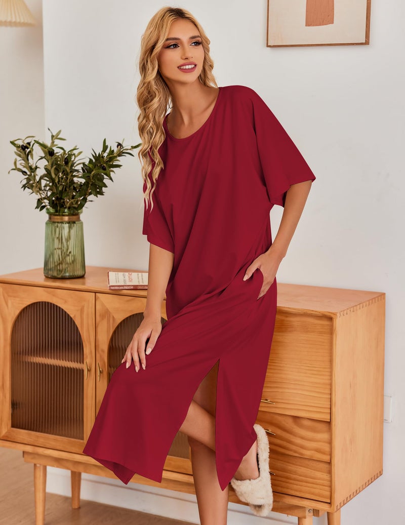 Ekouaer Womens V-Neck Cotton Nightgown Oversized Loose Fit Long Sleep Dress Purplish Red XX-Large - Image 3