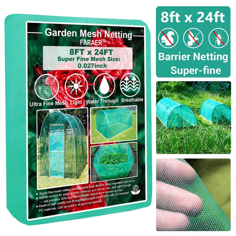Garden Barrier Netting Plant Covers 8x24ft Extra Fine Mesh 30 Sun Net Green Sunblock Mesh Shade Protection Netting for Vegetable Fruits Flowers Crops Row Cover Raised Bed Screen Against Birds Animal