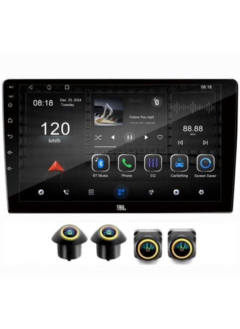 10 Inch JBL Android Car Stereo 4GB RAM 64GB Memory With 360D Panoramic Camera Included Compatible Apple Carplay Android Auto Wireless WiFi Bluetooth Radio QLED Touchscreen