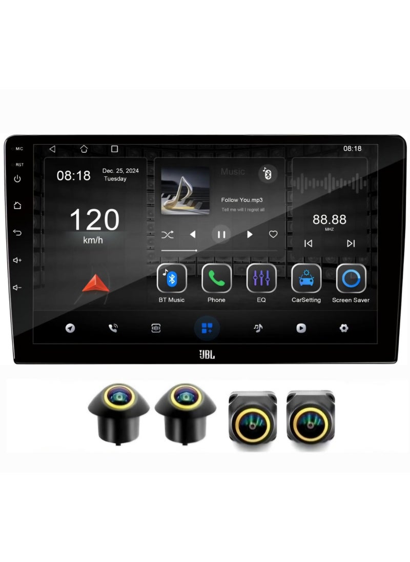10 Inch JBL Android Car Stereo 4GB RAM 64GB Memory With 360D Panoramic Camera Included Compatible Apple Carplay Android Auto Wireless WiFi Bluetooth Radio QLED Touchscreen
